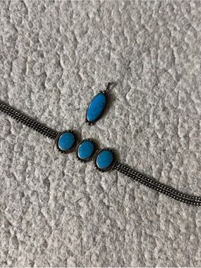 Vintage 925 Sterling Silver Turquoise Bracelet Triple Station Curb 8” W/ Pendant
